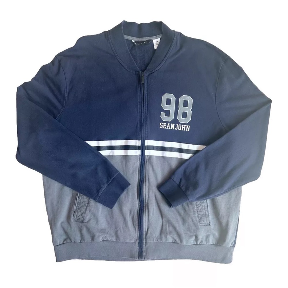 Sean John 3XB Sweatshirt Full Zip Colorblock Navy Bly Gray Flat Collar Logo 98
